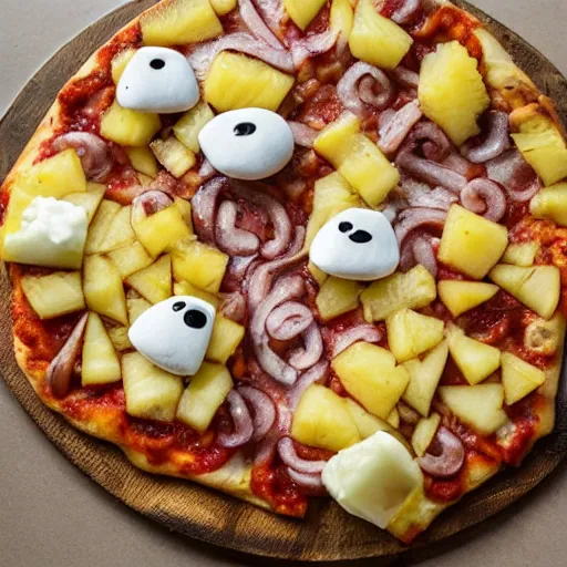 Prompt: dog shaped pineapple toppings on a pizza