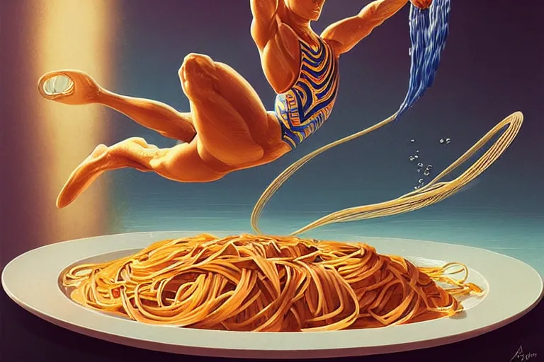 Image similar to olympic diver is diving into a dish of pasta, splash, art deco intricate ripples, fantasy, elegant, highly detailed, sharp focus, art by artgerm and beeple and greg rutkowski and wlop