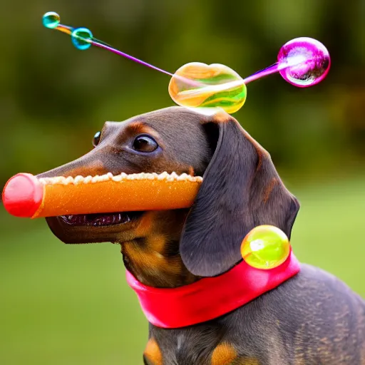 Prompt: photo a dachshund with a beaver tail wearing a hot dog outfit, blowing soap bubbles, hummingbirds flying above, butterflies hovering, award winning