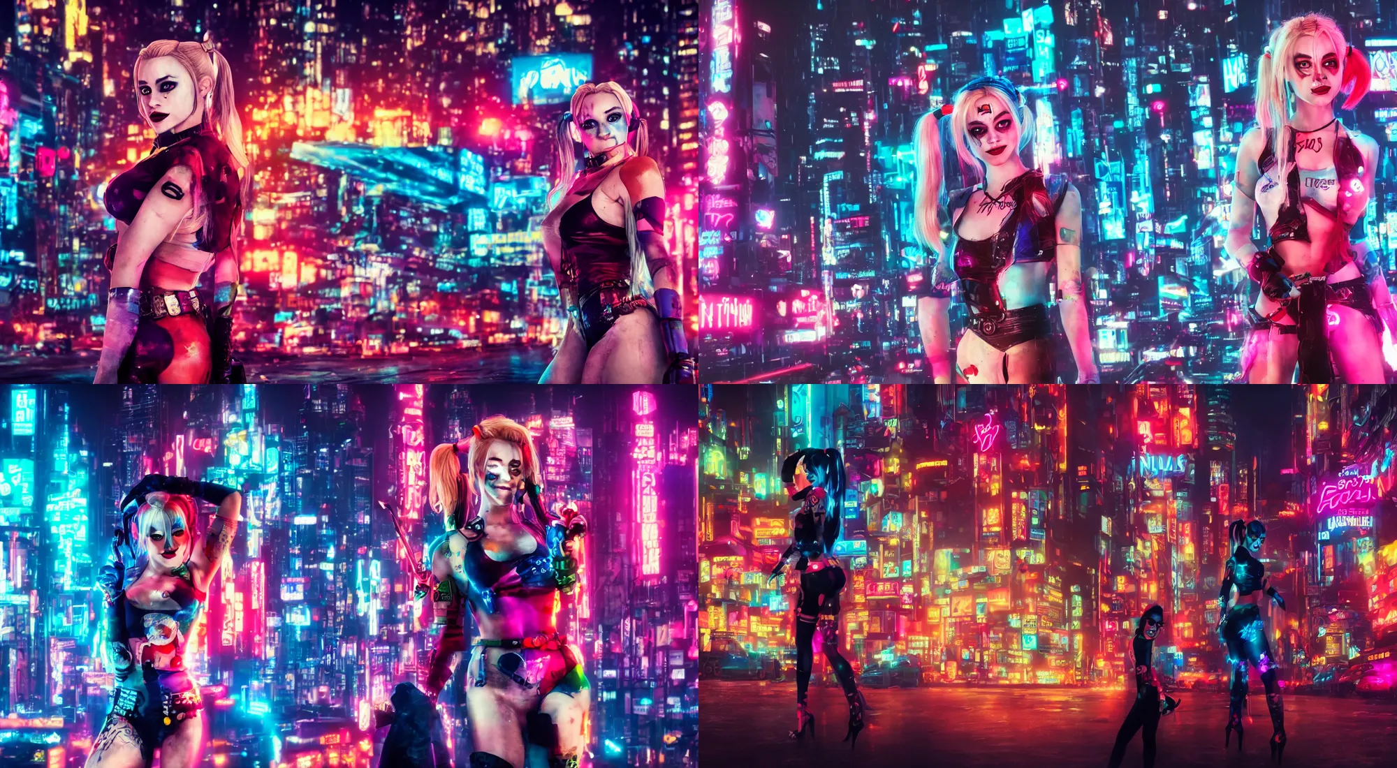 Prompt: film still of harley quinn, head and shoulder shot, cyberpunk city, beautiful cityscape background, neon signs, vibrant colors, wallpaper, top rated on artstation, 4k,