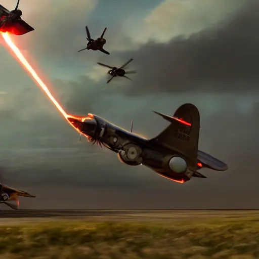 Image similar to an epic dogfight between a p 3 8 lightning, p - 6 1 black widow, full color, 8 k cinematic photography, explosions in the background, parachutes, ultra realistic digital art, unreal engine, style of keith ferris