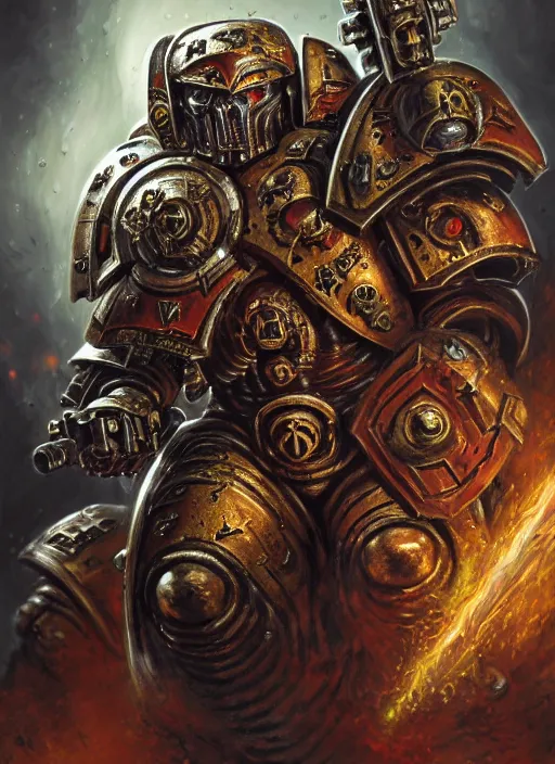 Image similar to portrait of a chaos space marine, intricate, warhammer, warhammer 4 0 k, highly detailed, digital painting, concept art, sharp focus, illustration, art by john blanche, by pedro nunez, by jaime martinez, by nacho molina