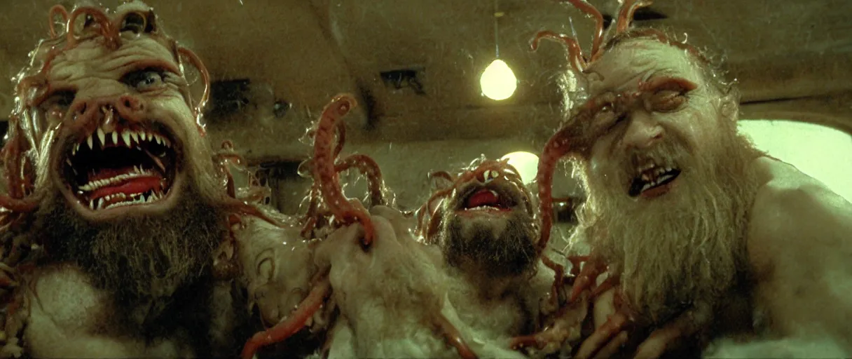 Image similar to filmic extreme wide shot movie still 4k UHD interior 35mm film color photograph of a bearded man with living teeth and tentacles grabbing another man who is screaming OH MY GOD in the style of the horror film The Thing 1982