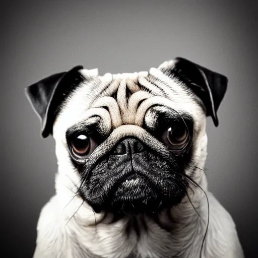 Image similar to pug dog with an emo haircut on a record cover, intricate detail, high contrast, studio photo, well lit,