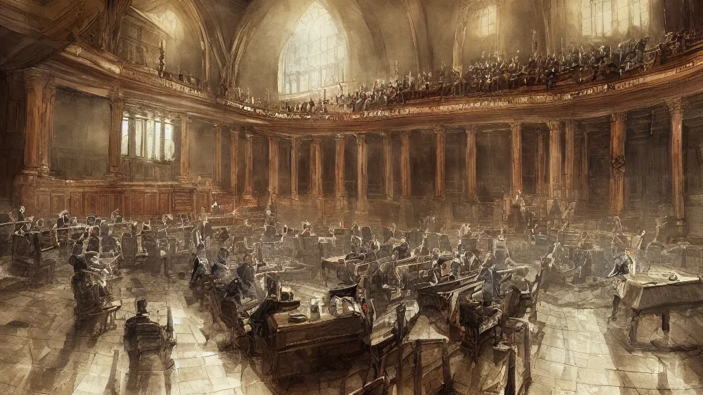 Image similar to parliament session inside of parliament, papyrus, watercolored, jakub rozalski, dishonored, artstation