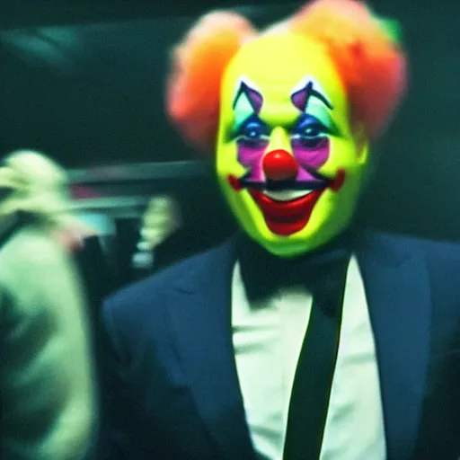 Image similar to blurry film still of a man wearing a suit and a latex mask of a clown from the dark knight's bank robbery scene