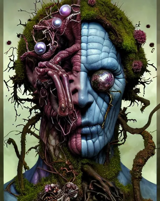 Image similar to the platonic ideal of flowers, rotting, moss, insects, pearls and praying of cletus kasady ultimate carnage thanos dementor doctor manhattan chtulu nazgul davinci, detailed, intricate, hyperrealism, cinematic composition, intense, scary, decay, dmt, art by brock hofer and artgerm and greg rutkowski and alphonse mucha