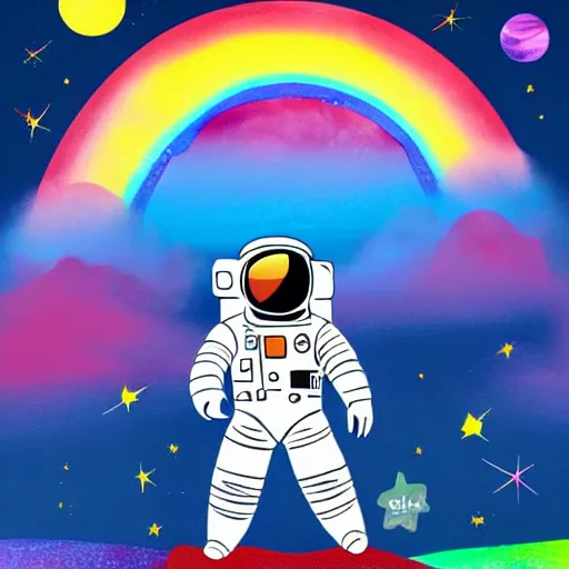 Prompt: an astronaut on the moon with a rainbow in the sky, 4k, digital art, vibrant colours