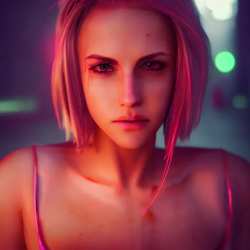 Prompt: Annie Leonhart in a neon city, octane render 8k, photorealistic render, atmospheric render, beautiful face, cute, love tension, realistic skin