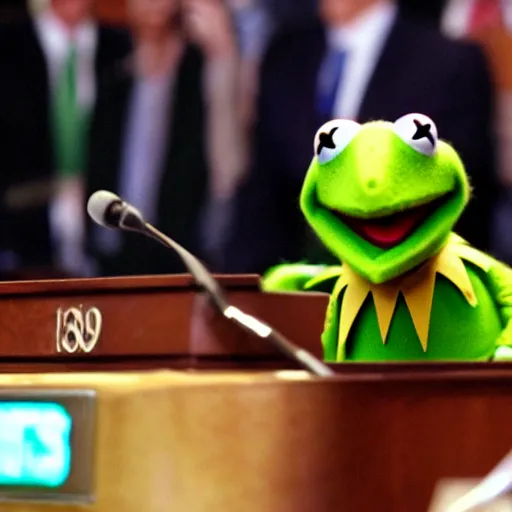 Image similar to Kermit the Frog wearing a suit, sitting in front of a microphone, shouting at congress.