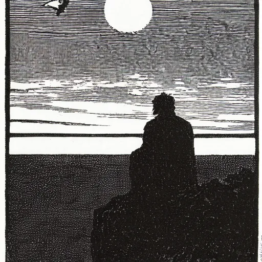 Prompt: Wanderer above the Sea by Caspar David Friedrich as a black and white Linocut