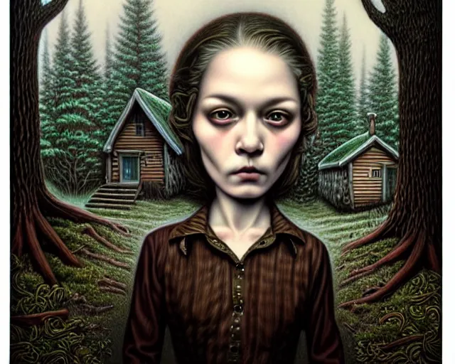 Image similar to intricate detailed portrait of a character in front of a cabin in a dark mysterious forest by mark ryden