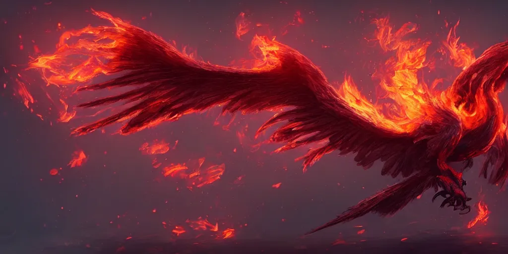 Prompt: artwork of a flamming phoenix, highly detailed, artstation, night black sky background, smooth illustration, digital art, unreal engine, ultra realistic, fine art, concept art