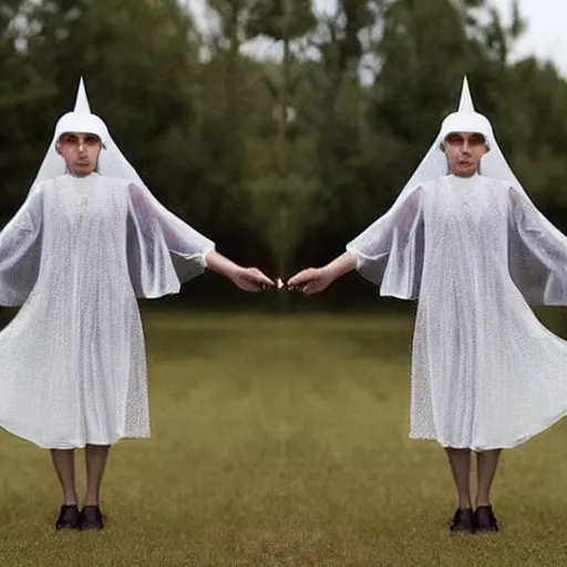 Prompt: photo of wearing pointed hats, translucent dresses, two freaky levitating twin nuns