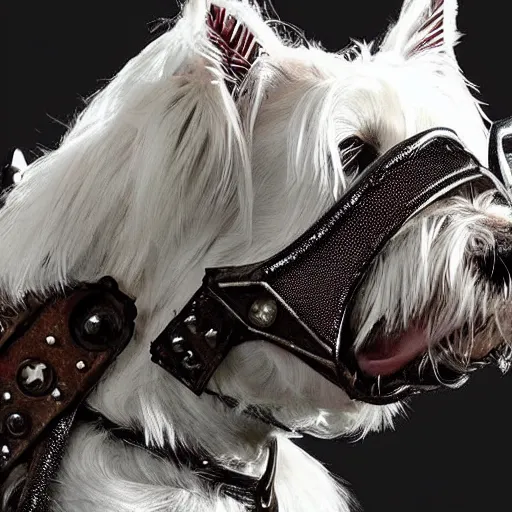 Image similar to “ west highland terrier clad in iron armor with spikes, with a gun glued to his head. ”