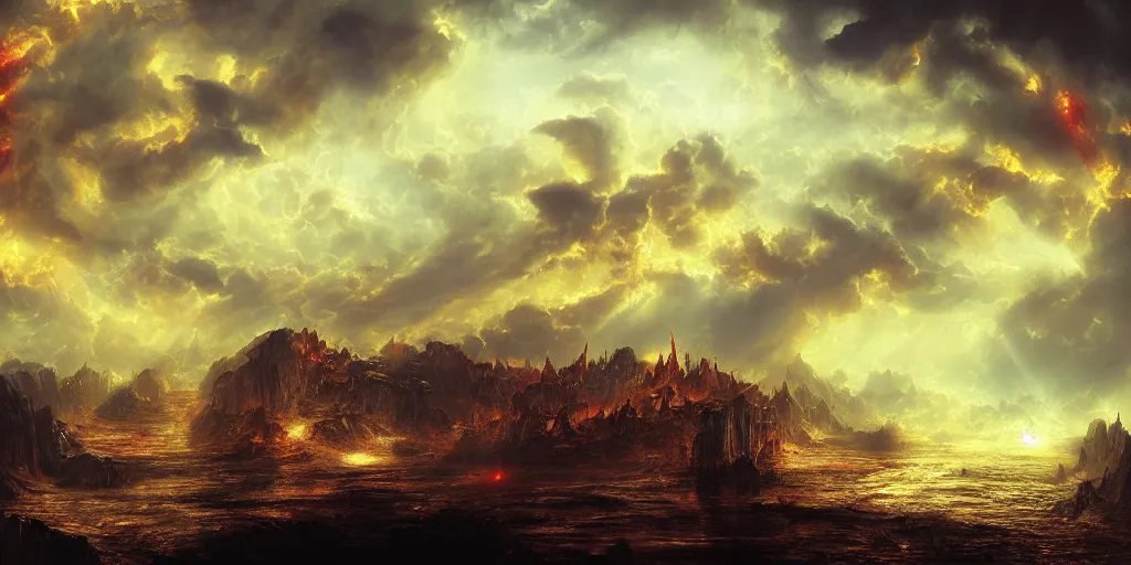 Prompt: the sky is like blood, the golden palace, the three layers of the forbidden army and the three layers of the forbidden army are surrounded by water, great compostion, lighting chiaroscuro, art by patrice garcia, insanely highly detailed artwork, trending on artstation