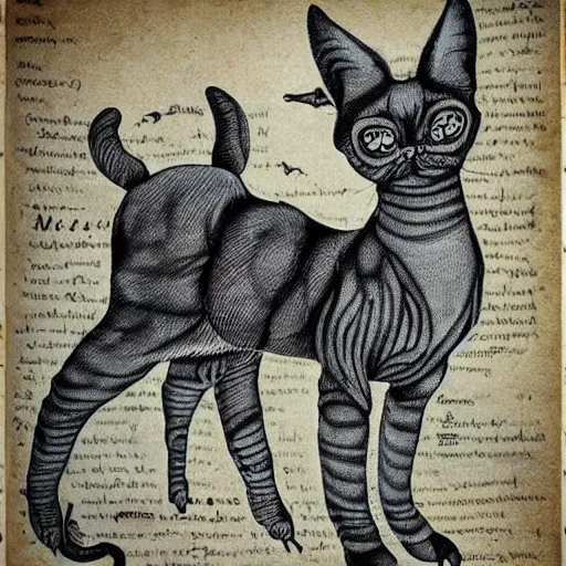 Image similar to siamese cat cow hybrid, anatomical drawings, lovecraftian, old paper manuscript, fineline detail, cinematic quality, high octane