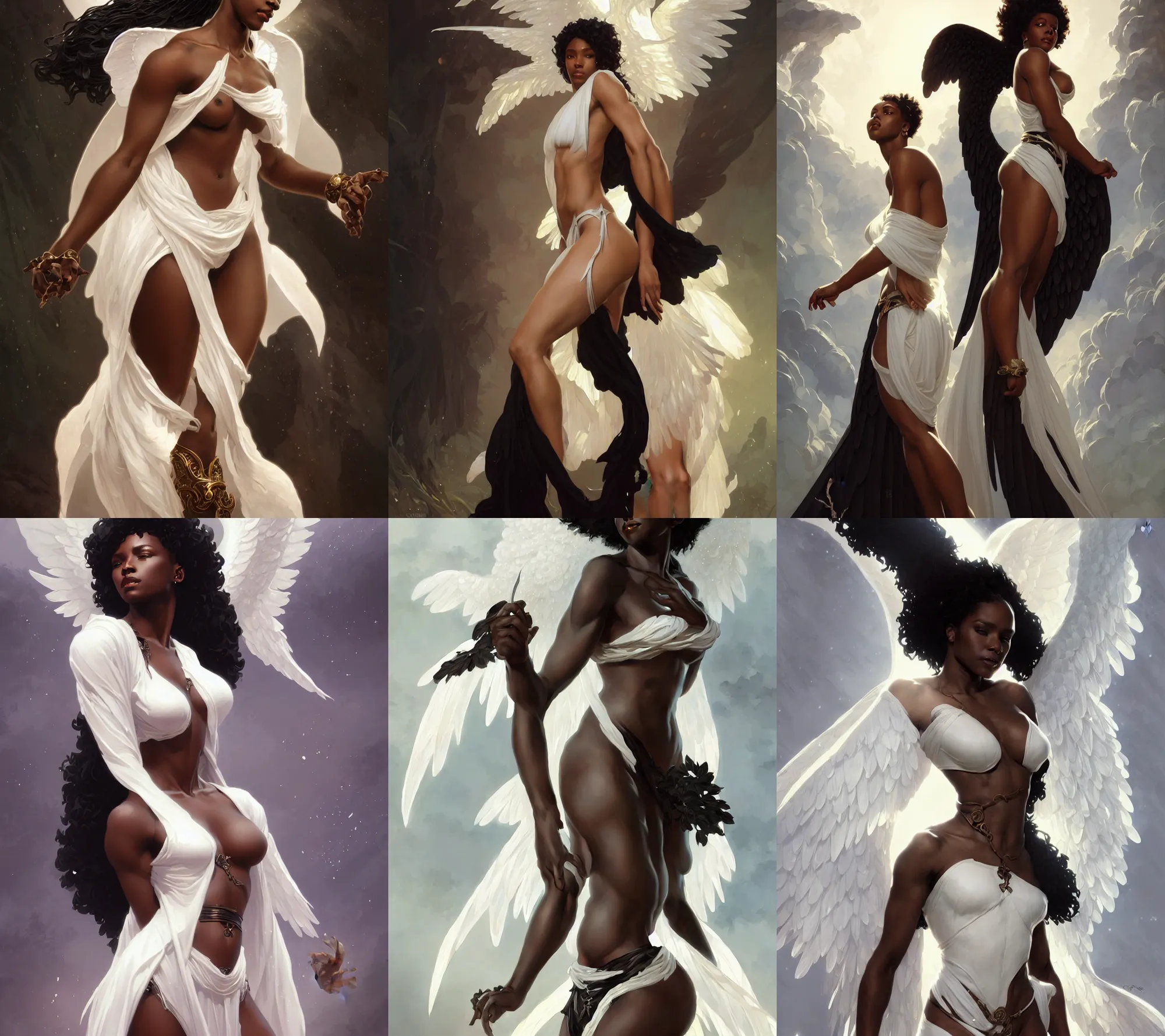 Prompt: beautiful natural black female angel wearing a white loincloth, intricate, elegant, highly detailed, digital painting, artstation, concept art, smooth, sharp focus, illustration, art by artgerm and greg rutkowski and alphonse mucha and Ruan Jia and WLOP