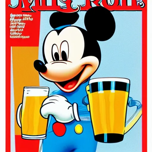 Prompt: Mickey Mouse dressed as a firefighter drinking a mug of beer in a swimming pool, Cover of Rolling Stone magazine, Hyperrealistic,