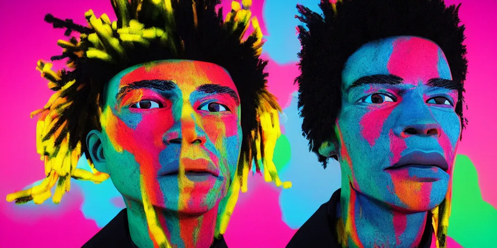 Image similar to a perfect bust of Jean-Michel Basquiat made out of rainbow ethereal pipe cleaners, 3D cinematic lighting, 90 degree spotlighting, photorealism, octane render, depth of field, 8k, 35mm, artgem, Trending on artstation