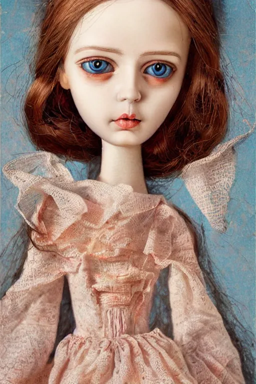 Prompt: Digital art Lowbrow pop Surrealistic, beautiful and detailed dolls by Cicely Mary Barker, Very detailed realistic eyes. Trending on artstation, hyperrealism, high quality print, fine art with subtle redshift rendering