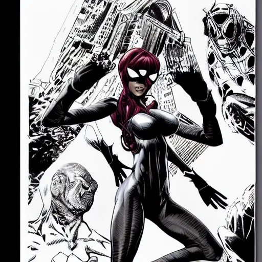 Prompt: awesome drawing of mary jane watson as spider girl, realistic, comic, by mike deodato