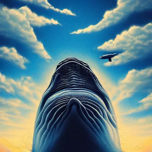 Image similar to looking up at whales in the sky, trending on artstation, award winning, emotional, highly detailed surrealist art