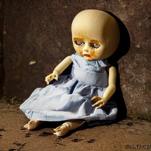 Prompt: A doll crying for her mother, abandoned, depression, somber