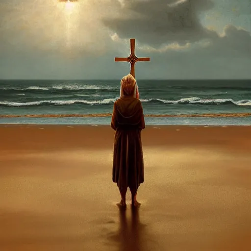 Prompt: a highly detailed tarot card of a large cross standing on the beach as a storm comes in with the tide, woman sitting in the sand watching the ocean, epic fantasy, god rays, rocky beach, ultrawide lense, aerial photography, unreal engine, exquisite detail, 8 k, art by albert bierstadt and greg rutkowski and jeong seon