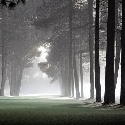 Image similar to augusta national the masters, but during winter completely covered in snow, beautiful ambient light, stunning photography, fog, light rays