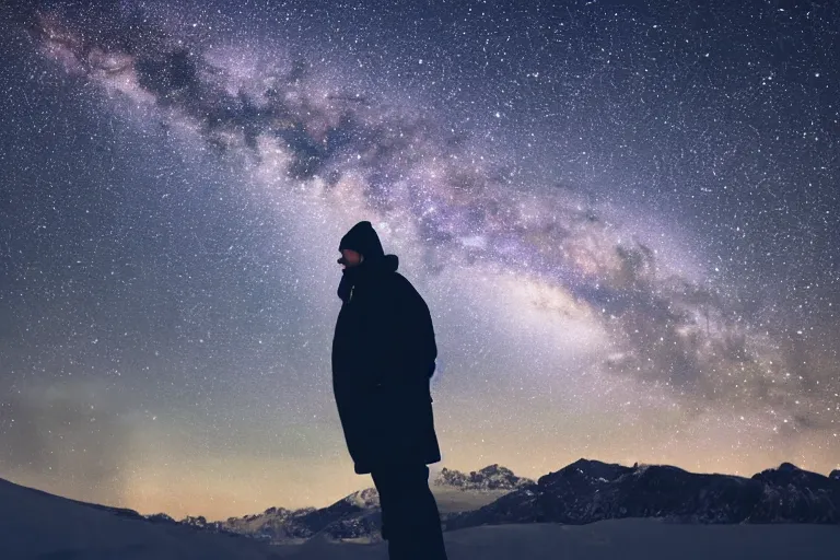 Prompt: a man standing in snow and looking up at the milky way