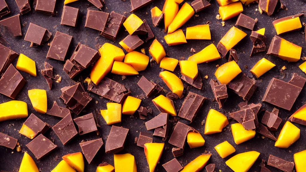 Prompt: chocolate bar with mango pieces, sunlight, f - stop, high quality photography,