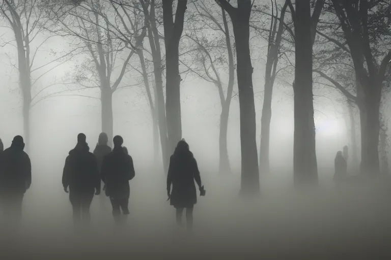 Image similar to photo of people being absorbed by the mist, eerie atmosphere, fear, mystery, dramatic, 8 k uhd