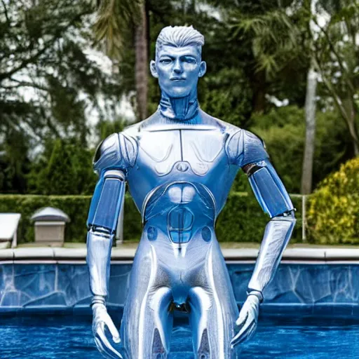 Image similar to made of ice, a realistic detailed photo of a guy who is an attractive humanoid who is half robot and half humanoid, who is a male android, on display, blank stare, showing off his muscles, shiny skin, posing like a statue, by the pool, frozen ice statue, f 1 driver max verstappen, humanoid robot