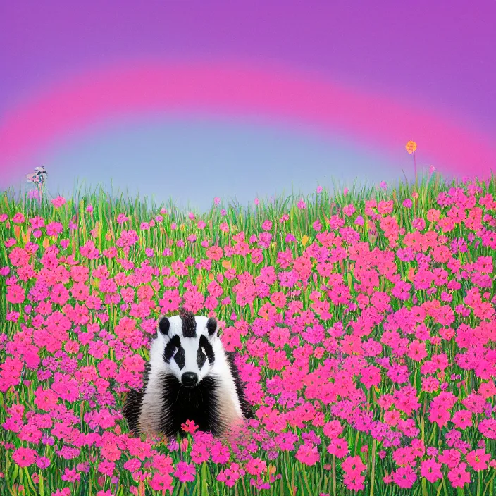 Prompt: album art of a badger sitting in a flower meadow at pink sunset, sakura trees