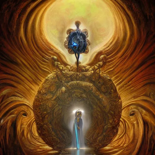 Image similar to The portal master tarot card by Tomasz Alen Kopera and Salvador Dali, impressive perspective, masterpiece, 8k, dynamic lighting, Highly Detailed, trending on artstation