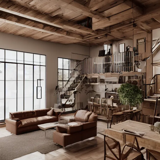 Image similar to post and beam a - frame interior, tall ceilings and loft, caramel leather couch, bookshelf, vintage refrigerator and kitchen, large window in back with fall foliage, many plants hanging, marble countertops, spiral staircase, realistic, unreal engine render, octane render, hyper realistic, photo, 8 k