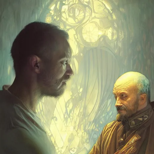 Image similar to selfportrait of a madman looking at his soul in the mirror, portrait, intricate, detailed, volumetric lighting, scenery, digital painting, highly detailed, artstation, sharp focus, illustration, artstation, art by artgerm and greg rutkowski and alphonse mucha