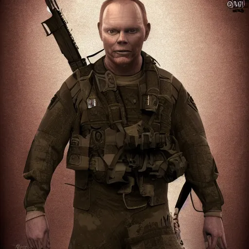 Image similar to Bill Burr as a navy SEAL, high resolution fantasy concept art, realistic, intricate details, soft lighting