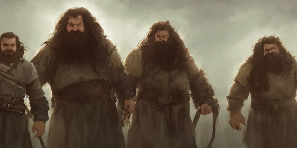 Prompt: gimli, hagrid, two people, dwarf, giant, character design, greg rutkowski