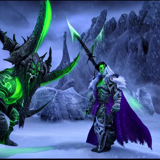 Prompt: Illidan fighting Arthas. Frozen landscape. Warcraft-style. Cinematic shot.