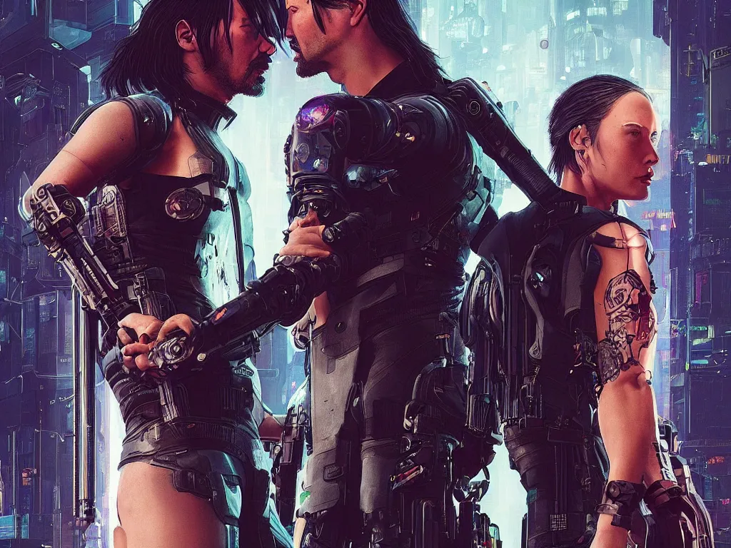 Image similar to a cyberpunk 2077 srcreenshot couple portrait of a Keanu Reeves and a female android final kiss,love,film lighting,by Laurie Greasley,Lawrence Alma-Tadema,Dan Mumford,John Wick,Speed,Replicas,artstation,deviantart,FAN ART,full of color,Digital painting,face enhance,highly detailed,8K,octane,golden ratio,cinematic lighting