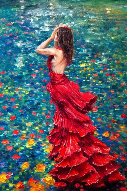Image similar to detailed oil painting of spanish flamenco dancer walking into a crystal clear lake wearing a red dress made of flowers that's engulfed in flames, dimly lit by candles on the ground, looking away, dark shadows, ethereal, slr, 4 k, high definition