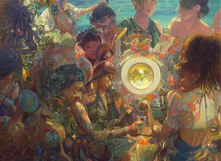 Prompt: beautiful anime painting of solarpunk summer chill day, by Tim Okamura, Victor Nizovtsev, Greg Rutkowski, Noah Bradley. trending on Artstation, 8k, masterpiece, graffiti paint, fine detail, full of color, intricate detail, golden ratio illustration