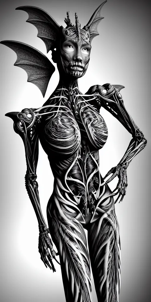 Image similar to a black and white 3D render of a full figure young female angelic-dragon-cyborg with a very long neck, Mandelbrot fractal, anatomical, flesh, facial muscles, veins, arteries, full frame, microscopic, elegant, highly detailed, flesh ornate, elegant, high fashion, rim light, 150 mm lens, octane render in the style of H.R. Giger and Man Ray, Realistic, Refined, Digital Art, Highly Detailed, Cinematic Lighting, rim light, photo-realistic Unreal Engine, 8K