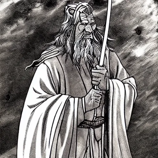 Image similar to gandalf from the anime lord of the rings (1986), holding a wooden staff, studio ghibli, very detailed, realistic