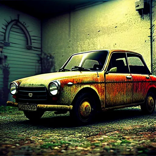 Prompt: an oldest car Lada 1300, Joker theme, cinematic color grading , unreal engine, hyperrealistic, dynamic lighting, highly detailed, studio light