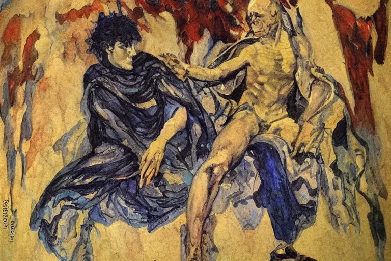 Image similar to comics sandmanin a cloak by Neil Gaiman, in style The Demon Seated, by Mikhail Vrubel, oil painting, art gallery, art museum, small details, whole-length