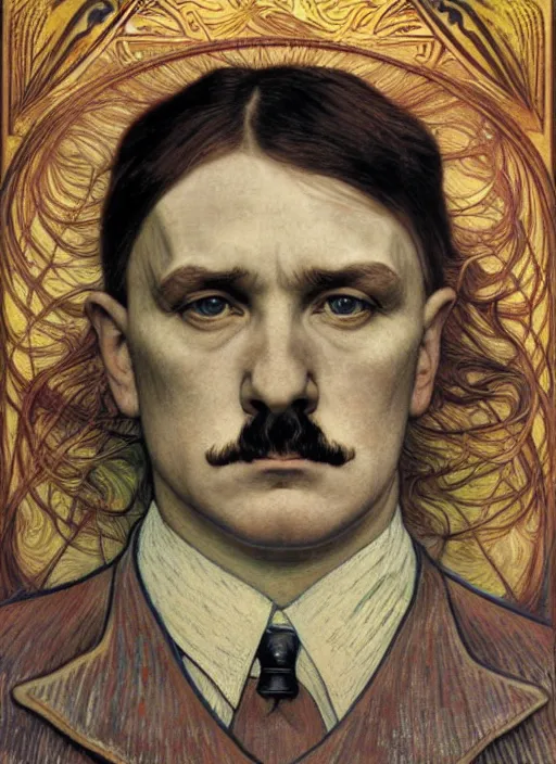 Image similar to detailed realistic beautiful young adolf hitler face portrait by jean delville, alphonse mucha, vincent van gogh, and marco mazzoni, art nouveau, symbolist, visionary, gothic, pre - raphaelite