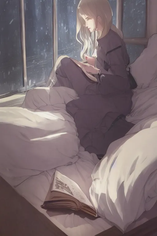 Image similar to a girl in a jk uniform outfit in the bedroom reading a book in a night, raining outside the window, dark and grey theme ， wavy white long hair, by krenz cushart and mucha and akihito yoshida and greg rutkowski and makoto shinkai, detailed eyes, 4 k resolution